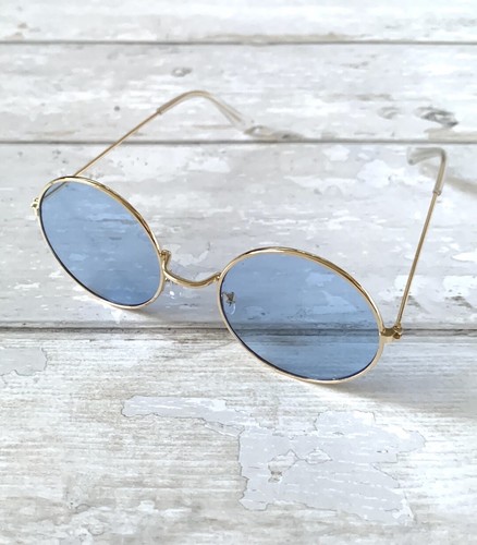 Blue Tinted Sunglasses Retro Round Gold Frames Glasses NEW - Picture 2 of 4