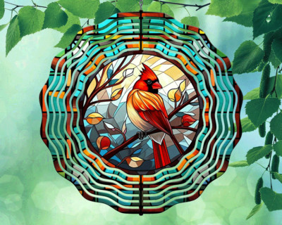 10'' Colorful Cardinal Birds Stained Glass Wind Spinner Yard 3D Aluminum rws-196