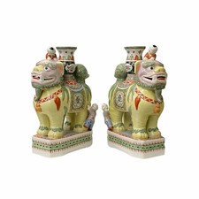 Pair Vintage Yellow Foo Dog Shape Candle Holder Vase Displays ws1766