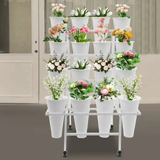 Flower Display Stand With 16 Buckets 4 Layers Metal Plant Stand Rack with Wheels