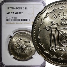 Belice 1974 FM $1,00 dólar guacamayo escarlata NGC MS67 mate excelente grado km# 43 (028)
