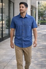 Port Authority Blue Short Sleeve Button Front Shirt Mens Large Casual Woven