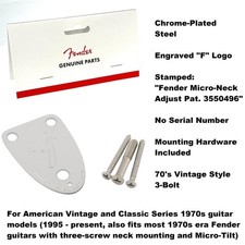 REAL Fender 3-BOLT "F" STAMP Neck Plate 70's Vintage Style Micro Tilt Chrome