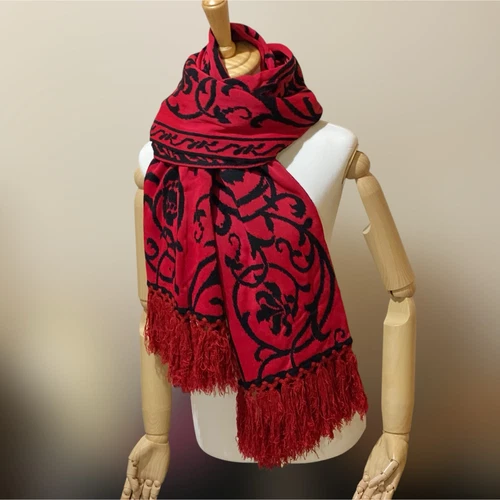 Authentique foulard Christian Dior vintage motif fleurs rouge noir 254 x 50 cm