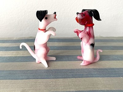 Paar Vintage Retro Murano Pirelli Stil rosa Glas Lampwork Hunde 50er 60er