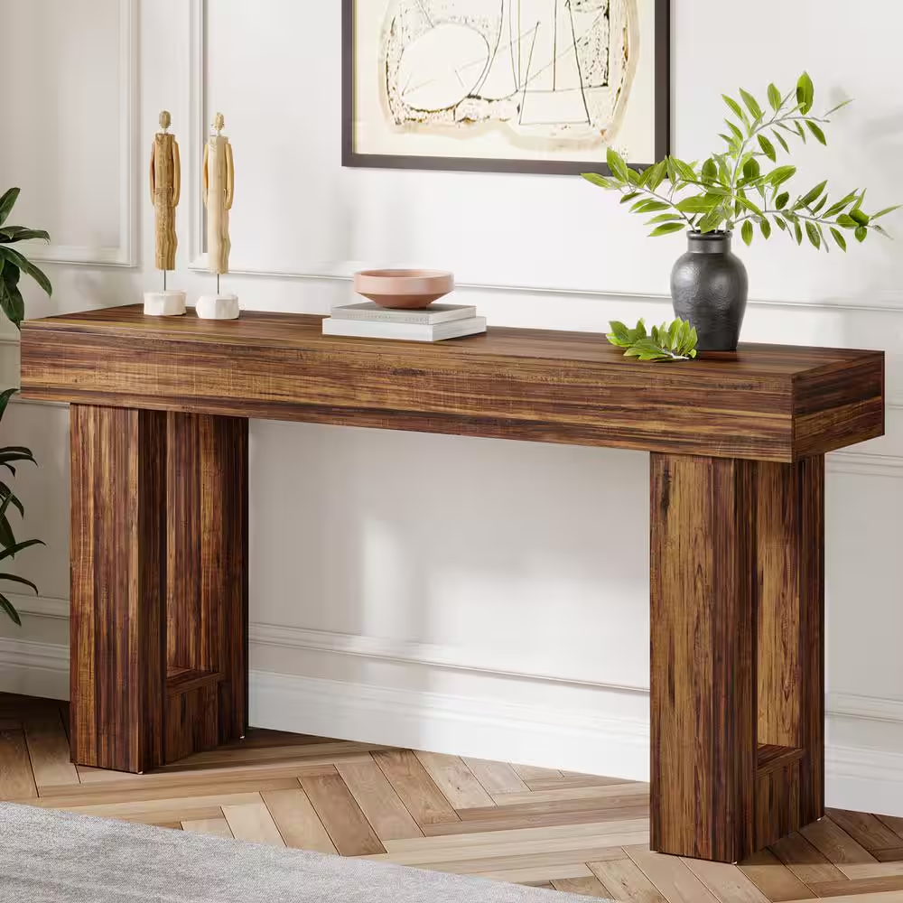 63-Inch Dark Brown Wood Sofa Table - Rectangle Console for Entryway or Living Room