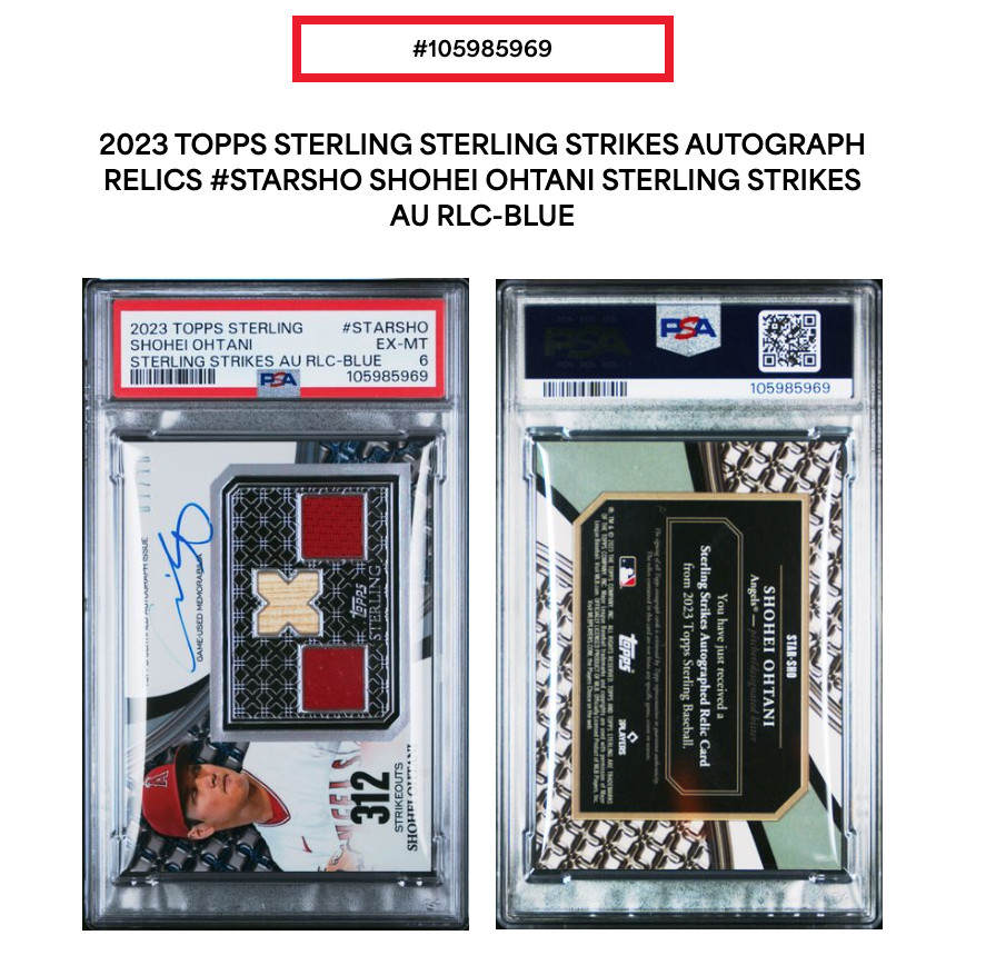 2023 Topps Sterling Shohei Ohtani On-Card Auto Relics Blue #1/10 PSA 6 Pop 3 view 2