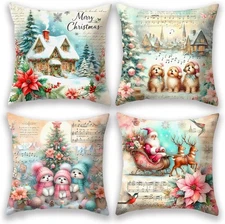 Christmas Throw Pillow Covers 18x18 Set of 4, Vintage Throw Pillow Covers Winter