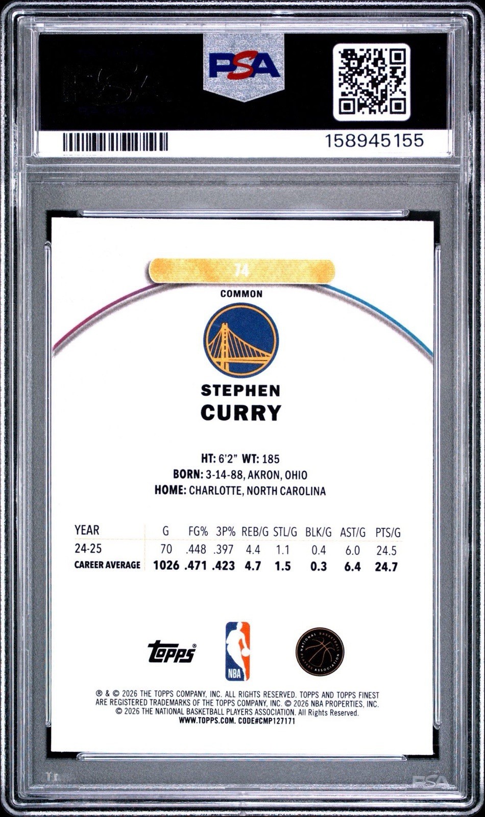 2025 FINEST #74 STEPHEN CURRY OIL SPILL REFRACTOR LOW POP PSA 10 view 3