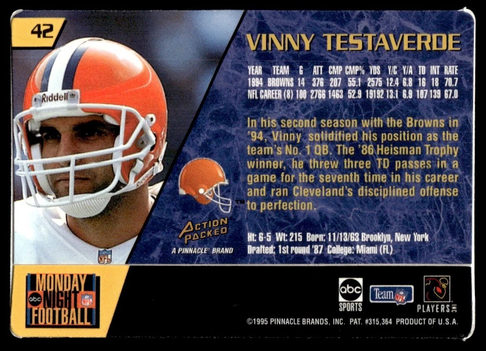 1995 Action Packed Monday Night Football Vinny Testaverde Cleveland Browns #42 - Image 2 of 2