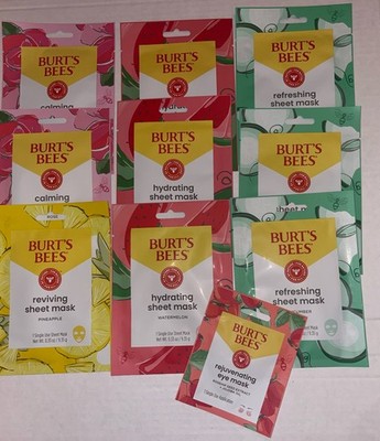 Burt's Bees Face Sheet Masks LOT OF 10 Hydrating Calming Refreshing Eye Mask