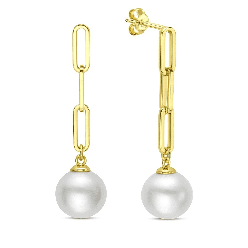 Solid 14K Yellow Gold Cultured Pearl Paperclip Chain Earrings 9-10mm Women's