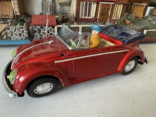 VOLKSWAGEN Beetle Bug 1960’s Cabriolet Bandai Tin Car Japan Battery Op 11” •Rare