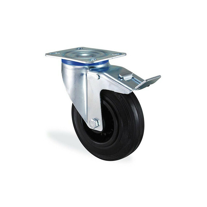 Roulette pivotante à frein 200mm en caoutchouc noir charge 220kg pour chariot industriel
