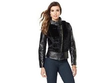New Iman Platinum Leather Faux Fur Glam Moto Motorcycle Jacket Taupe Black $275