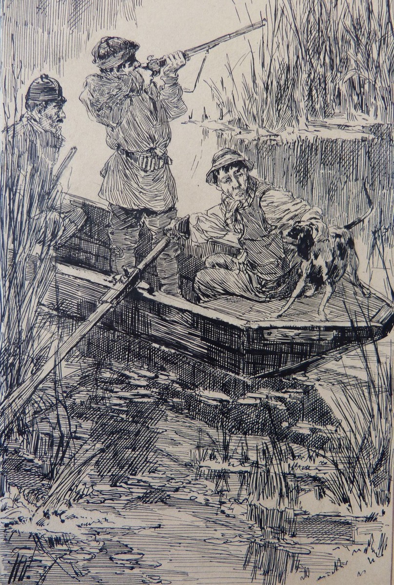 Dessin original de Hermann VOGEL (1856-1918) chasse chasseur