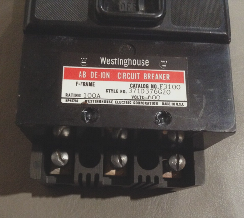 WESTINGHOUSE 371D376G20 AB DE-ION CIRCUIT BREAKER 100A 600V 3POLE F-FRAME F3100 - Picture 2 of 6