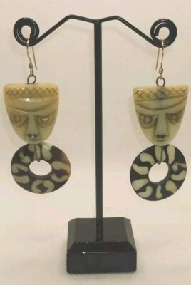 Unique Vintage Carved Face Mask Drop Ethnic Boho Gold Plated Hooks Earrings 2.5''