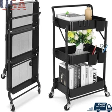 Foldable 3 Tier Metal Rolling Cart Storage Utility Trolley Organizer Home Office