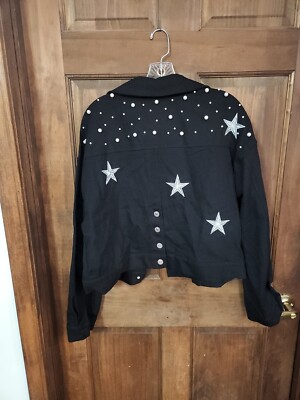 W39-Women Oversized Beading Pearl Jean Jacket Embroidered