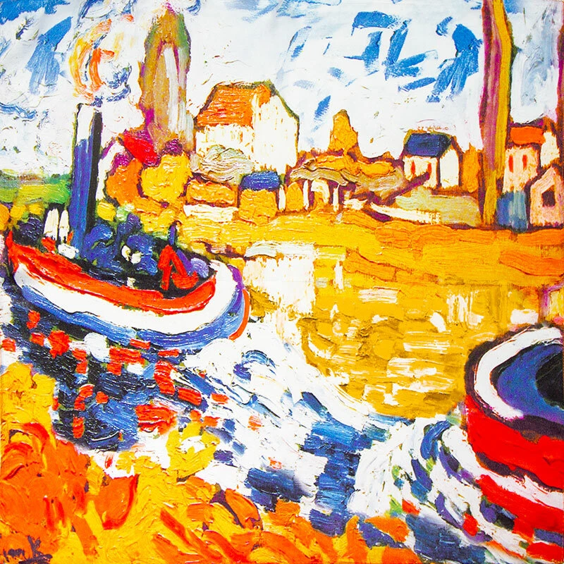 Vlaminck-Tugboat,Seine.100% genuine pure natural silk.Square neck scarf.52cm-20"