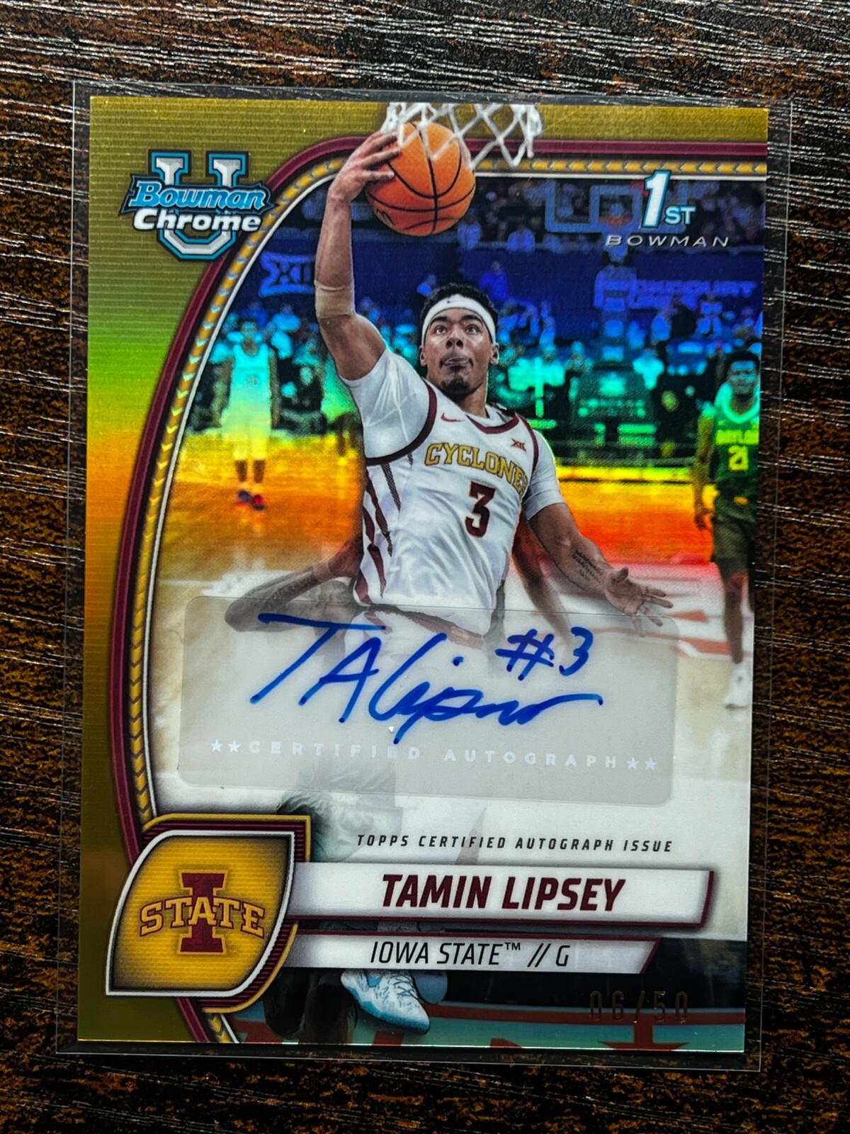 2024-25 Bowman Chrome University Tamin Lipsey Gold Auto 06/50 Iowa State #66