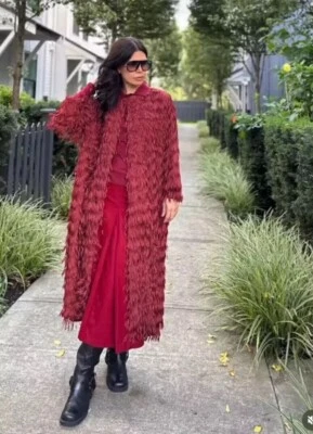 ZARA COAT WITH FRINGING ROUND NECK MAROON LONG NEW SS24 SIZES L REF. 3920/097 - Image 1 of 4