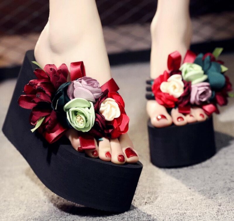 SAOLA Ciabatte da spiaggia donna ragazza zeppa tacco alto suola spessa plateau punta clip floreale