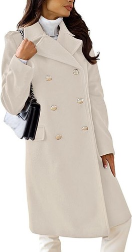 Women's Winter Jacket Double-Breasted Faux Wool Warm Long Trench Coat - Picture 50 of 55