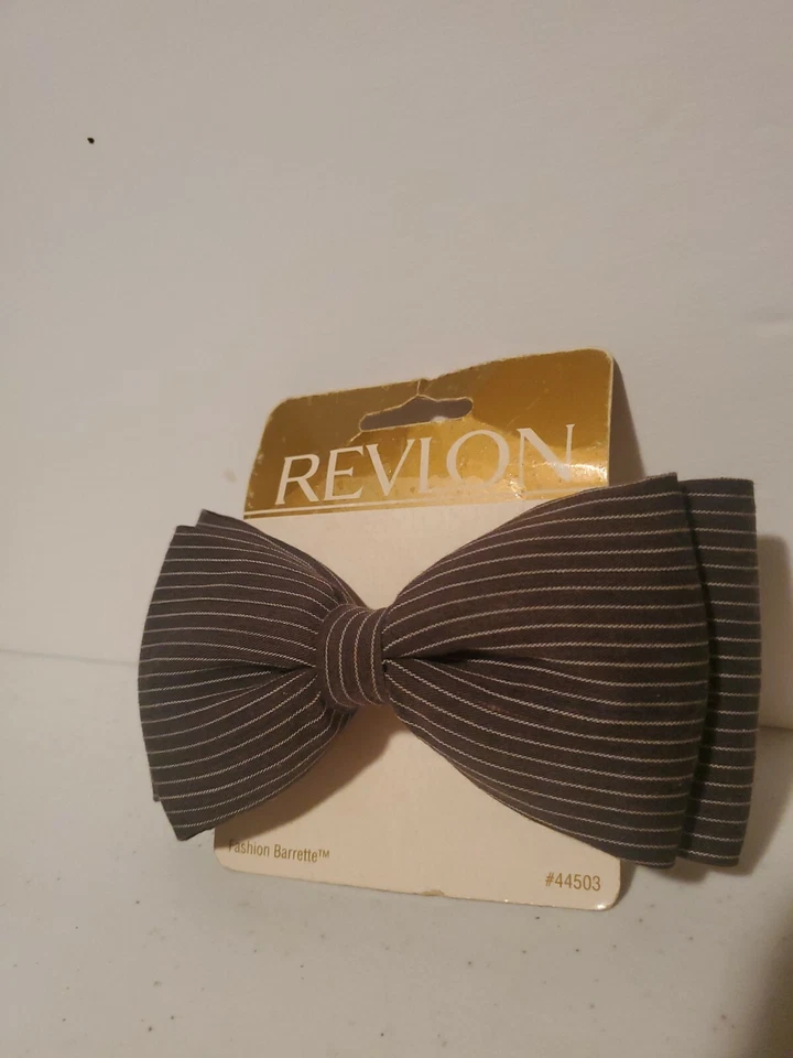 复古 Revlon 时尚发夹蝴蝶结 #44503 黑色白色细条纹 1997 年 Goody 产品 — 第 2/4 张图片