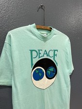 Vintage 80s Hanes Earth Peace Blue Cotton Tee Shirt Large Made in USA