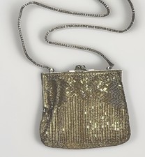 Vintage Gold Beaded Evening Bag Purse Clutch 18 Shoulder Strap Kiss Lock 6x5