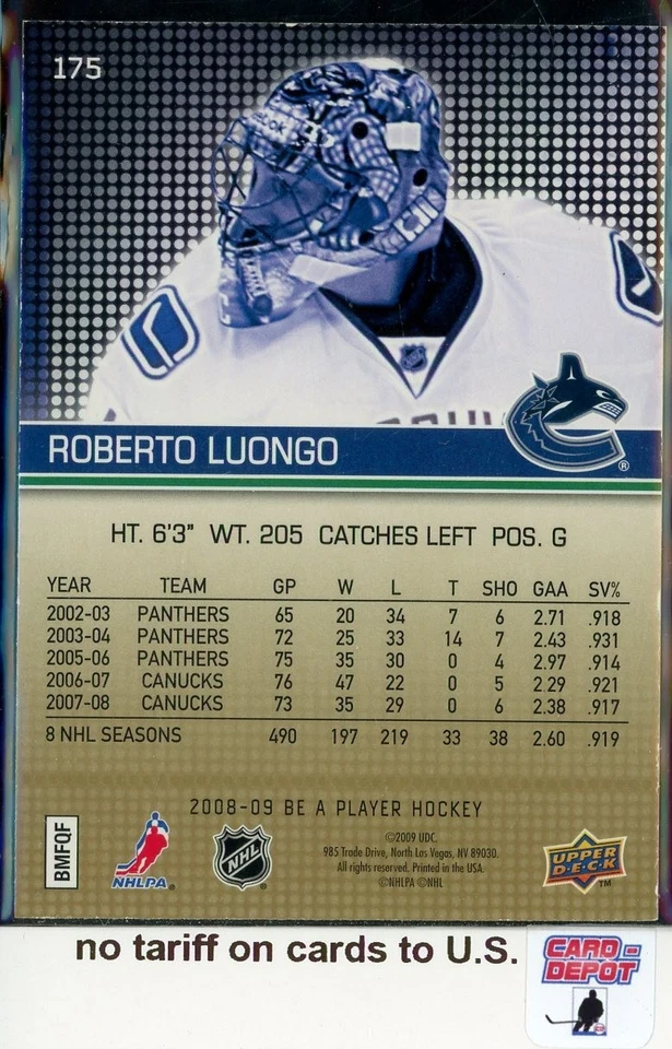 2008-09 Be A Player Player's Club #175 Roberto Luongo 05/15 - Image 2 of 2