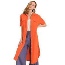 Umgee Gauze Button Front Shirtdress Orange Midi Raw Hem Cotton Roll Sleeve M