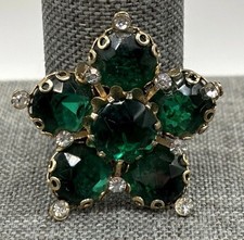 Vintage Dark Green AB Aurora Borealis Rhinestone Star Brooch Gold Tone