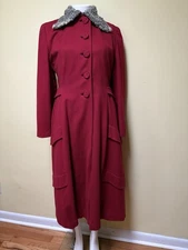 Vintage Red Wool Princess Swing Maxi Coat W Overlays & Persian Lamb Collar Sz Sm