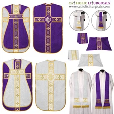 Purple and White Reversible Travel Fiddleback Vestment IHS with 5pc mass set