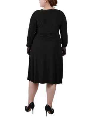ny collection plus size ruched a-line dress Women's A- Line Dress Black Ruched V Neck Knee Length NY COLLECTION Plus  Size 1X