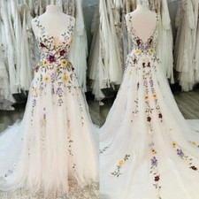 Elegant Colorful 3D Floral Wedding Dresses V-Neck Backless A-Line Bridal Gowns