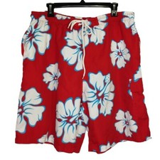 Castaways Hawaiian Floral Drawstring Swim Trunks Size L 36/38 Red White Blue
