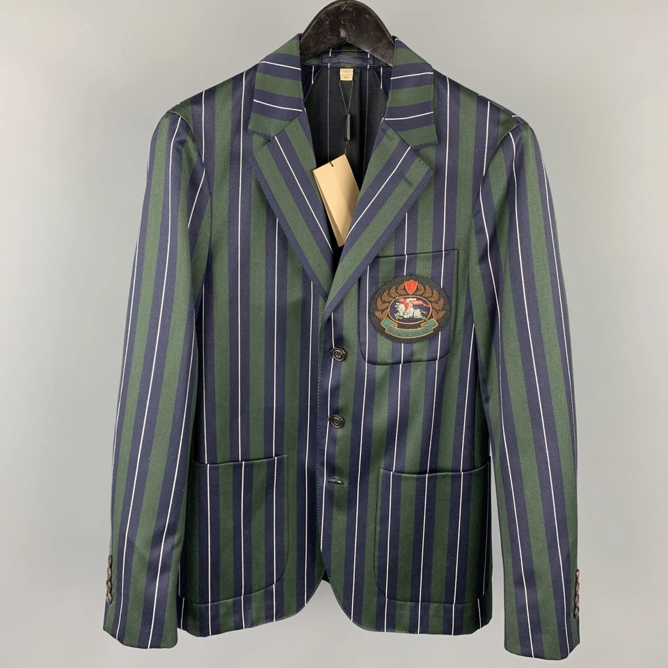 Burburry Taille US 36 / IT 46 Vert Et Marine Rayé Laine / Coton Veste À Revers - Photo 1/4