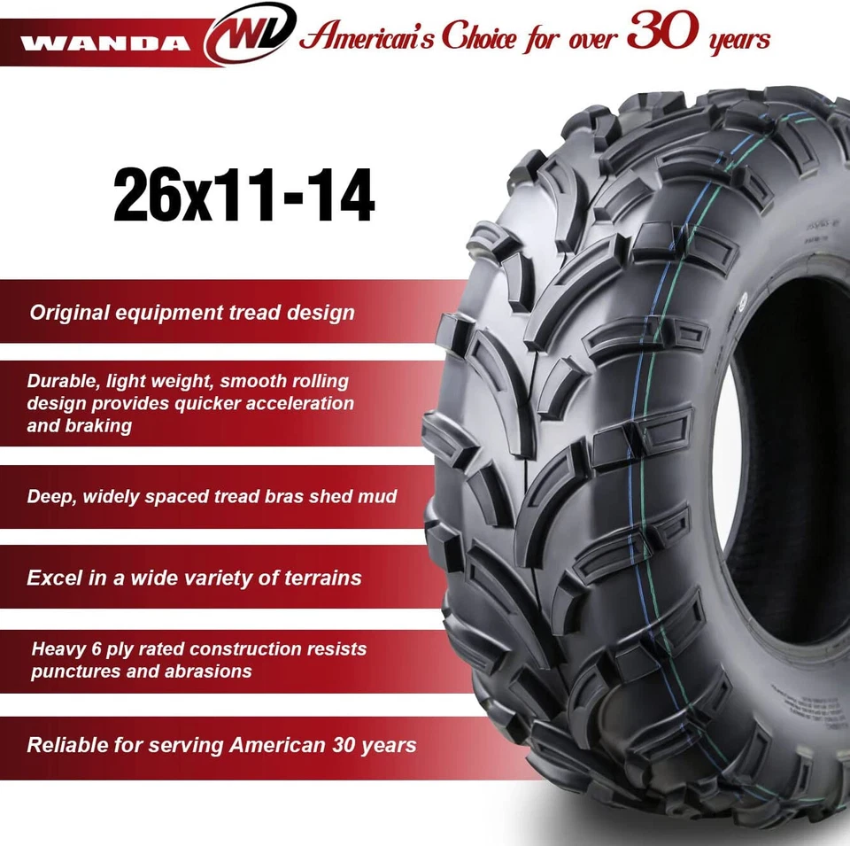 Juego de 2 neumáticos traseros WANDA 26x11-14 26x11x14 ATV para 13-17 CFMOTO ZForce 500/600/800 Foto 3 de 4