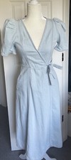 Abito Kate Spade taglia 0 cravatta avvolgente denim candeggina indaco Lt blu bianco linea A XS NUOVO
