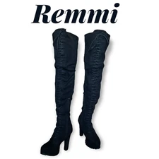 Remmi Black Soft Textile Lace-Up Above Knee High Heel Boots For Women Size 8