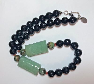 CHINESE DOUBLE SHOU JADE CYLINDER ONYX TURQUOISE BEAD 12MM NECKLACE - 20 INCH