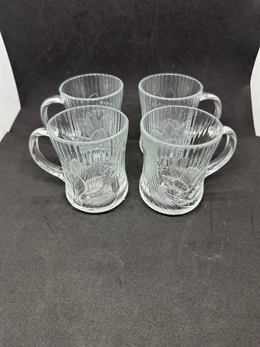 VTG Arcoroc Canterbury Crocus Clear Glass Coffee Cups France Set of 4 T4
