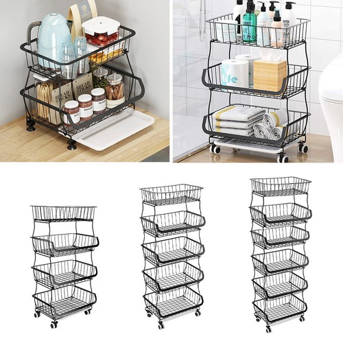 STORAGE STACKING WIRE BASKET STACKABLE SHELVES VEGETABLE FOOD KITCHEN RACK WHEEL - Picture 22 of 43