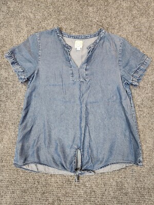 Blue Rain Women's Top Blue Denim Short Sleeve Tie Front Size M V-Neck Blouse