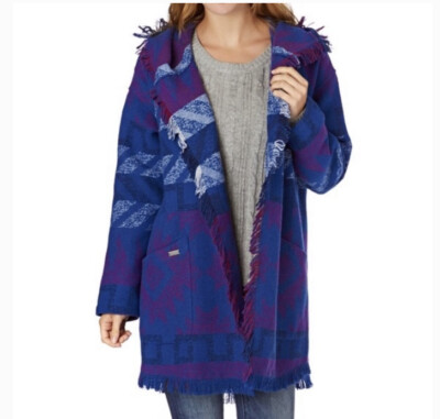 ROXY Santa Katalina Blue Aztec Fringe Beach Surf Wrap Jacket Hoodie MEDIUM Read!