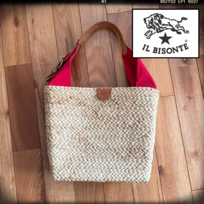 IL BISONTE Leinen Schultertasche Beuteltasche Tasche Korb Beige Rot Damen Geb...